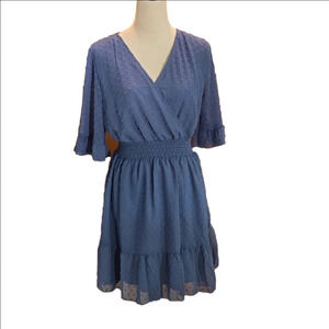 Sampeel Women's Summer Casual Wrap V Neck Blue Dress with Ruffled Hem Size M